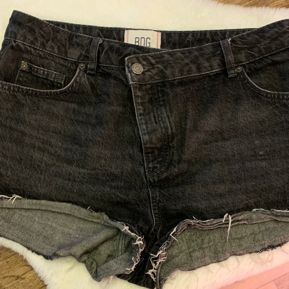 BDG Soft Dark Black Wash Jean Shorts Ragged Frayed Hem Button Fly